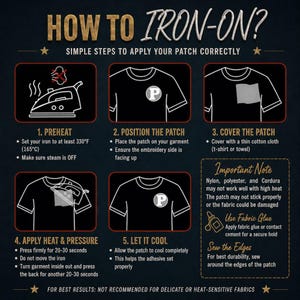 K&ouml;nnte beinhalten: Eine Anleitungsgrafik mit dem Titel HOW TO IRON-ON? zeigt f&uuml;nf Schritte zum Aufb&uuml;geln eines Aufn&auml;hers auf ein Kleidungsst&uuml;ck. Mit Symbolen f&uuml;r B&uuml;geleisen, T-Shirt mit Aufn&auml;her und Tuch. Der Text nennt 165&deg;C und die Anwendungsdauer.