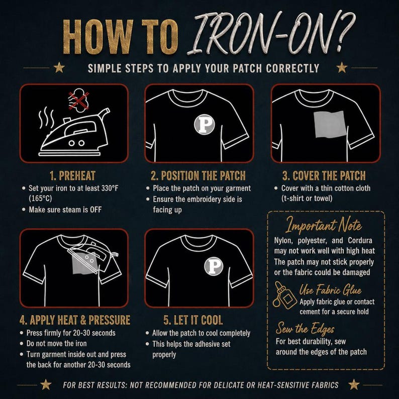 K&ouml;nnte beinhalten: Eine Anleitungsgrafik mit dem Titel HOW TO IRON-ON? zeigt f&uuml;nf Schritte zum Aufb&uuml;geln eines Aufn&auml;hers auf ein Kleidungsst&uuml;ck. Mit Symbolen f&uuml;r B&uuml;geleisen, T-Shirt mit Aufn&auml;her und Tuch. Der Text nennt 165&deg;C und die Anwendungsdauer.