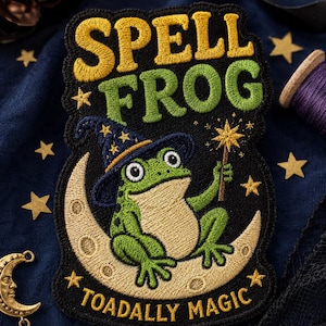Frog Embroidered Patch, Witch on Crescent Moon, Iron, Sew-On, Halloween Gift for Nature Lovers