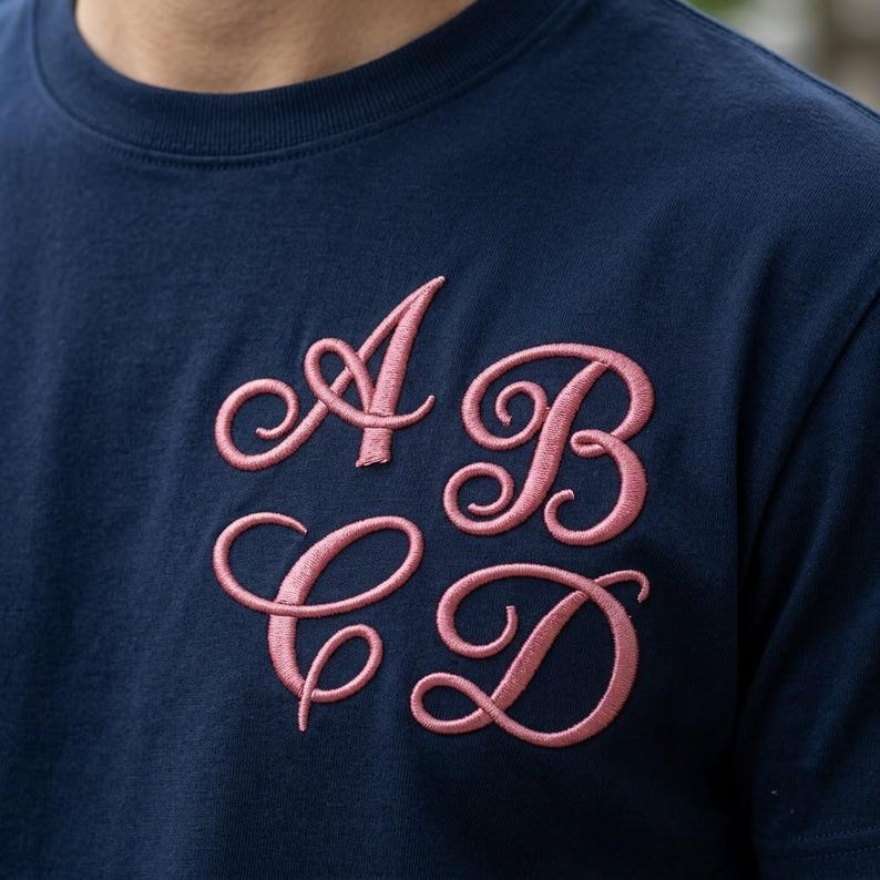 K&ouml;nnte beinhalten: Ein marineblaues T-Shirt mit gestickten rosa Buchstaben A, B, C und D, die in einer quadratischen Formation auf der Brust angeordnet sind. Die Buchstaben sind in einer kursiven Schriftart mit eleganten Schleifen und Kurven gestickt.