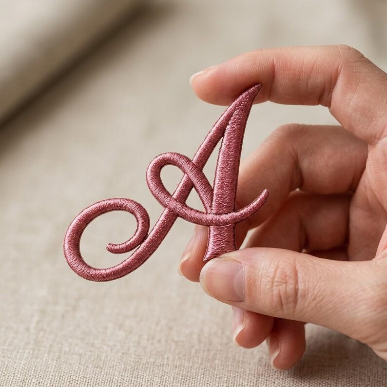 K&ouml;nnte beinhalten: Ein altrosa bestickter Aufn&auml;her in Form des Gro&szlig;buchstabens A. Der Buchstabe ist in einem kursiven, kalligrafischen Schriftstil gehalten, mit einer markanten Schlaufe auf der linken Seite und einer spitzen Oberseite aus dichtem Garn.