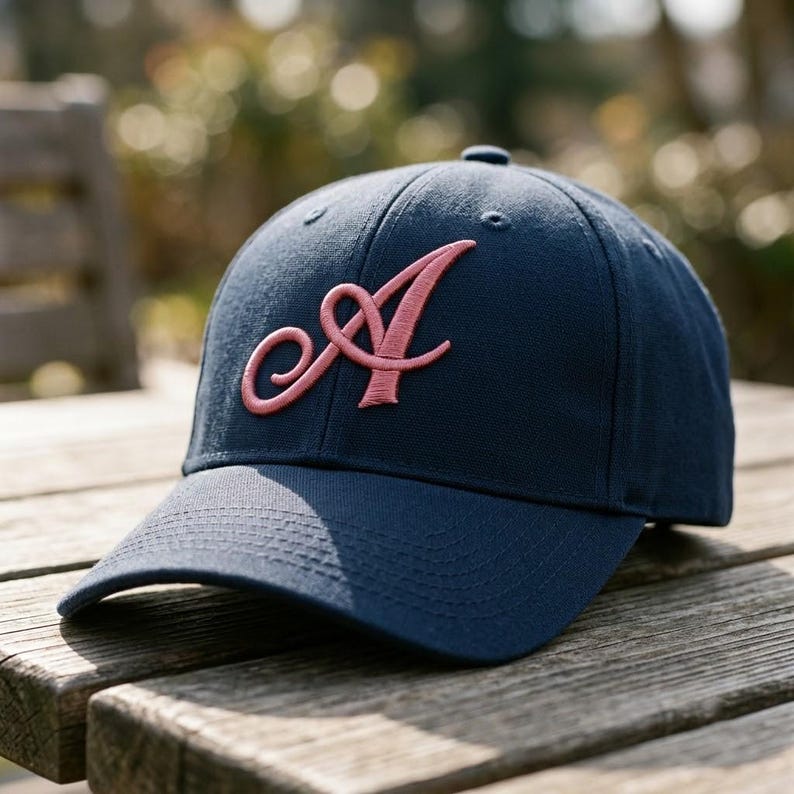 K&ouml;nnte beinhalten: Eine marineblaue Baseballkappe mit einem markanten, gestickten Buchstaben A in einer hellrosa Schreibschrift. Die Kappe verf&uuml;gt &uuml;ber eine strukturierte Krone, einen gebogenen Schirm und gen&auml;hte &Ouml;sen an den oberen Paneelen.