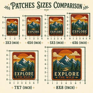 K&ouml;nnte beinhalten: Eine Gr&ouml;&szlig;entabelle f&uuml;r rechteckige bestickte Aufn&auml;her mit der &Uuml;berschrift PATCHES SIZES COMPARISON. Sechs Aufn&auml;her zeigen eine Berglandschaft mit Sonnenuntergang, B&auml;umen und dem Text EXPLORE THE WILD in verschiedenen Gr&ouml;&szlig;en.