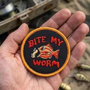 Bite My Worm Patch, Funny Fishing Iron On Badge, Outdoor Angler Present