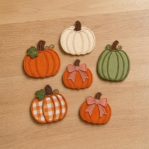 May include: A collection of six embroidered pumpkin patches in various designs. Included are a solid orange pumpkin with a green leaf, a cream-colored pumpkin, a sage green pumpkin, a gingham patterned pumpkin, and two orange pumpkins with pink bows.