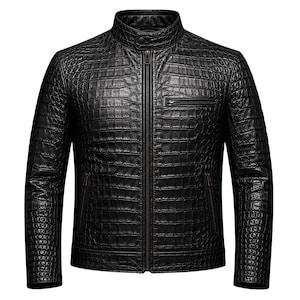 May include: A black jacket featuring a textured crocodile skin pattern, a stand-up collar with a snap button closure, a full-length front zipper, one zippered chest pocket, and two zippered side pockets with long sleeves and a straight hem.