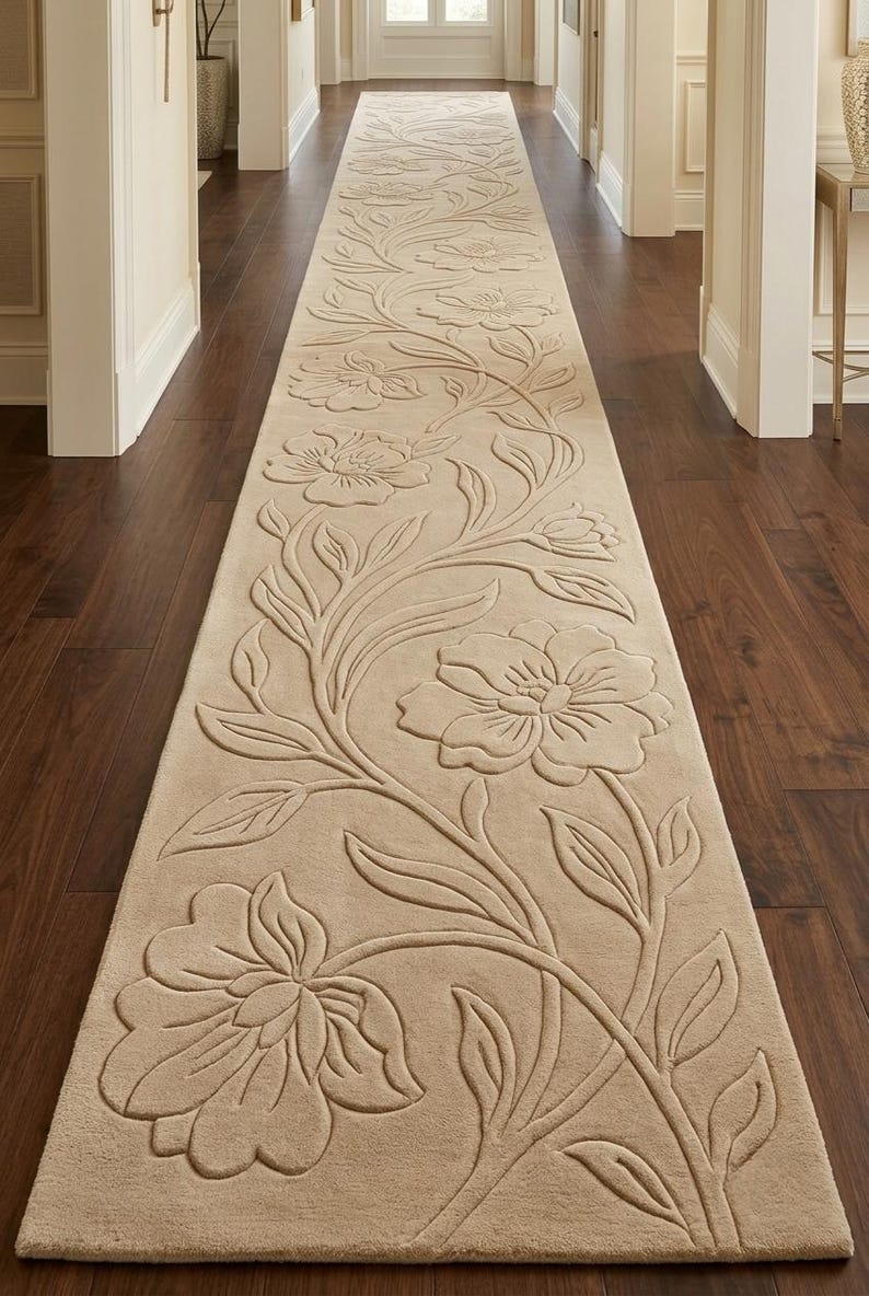 Floral Vine Wool Runner Rug, Designer Floral Tufted Beige Hallway ...