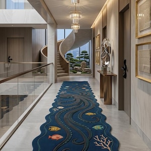 May include: A long, dark blue runner rug with a wavy edge, featuring a large octopus design in the center. The rug is decorated with various colorful fish, coral, and seashell motifs scattered across the surface, creating a detailed marine theme.