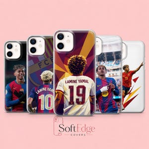 May include: Five clear phone cases featuring various graphic designs of soccer player Lamine Yamal. The designs include the player in FC Barcelona and Spanish national team jerseys, with text including the name Lamine Yamal and the numbers 10 and 19.