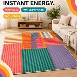 Färgglad retro patchworkmatta – tvättbar, halkfri