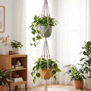 Macrame Double Plant Hanger, 2 Tier Boho Hanging Planter, Handmade Cotton Rope with Wood Beads, Ivory, 49 Inch Indoor Outdoor Decor