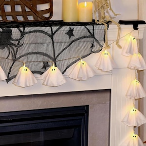 Halloween Ghost Garland with Lights, Lighted Ghost Garland, Halloween Ghost Decor, Ghost Bunting, Fireplace Mantel Decor, Fall Garland