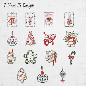 May include: A collection of 15 Christmas-themed line art designs featuring 7 sizes, including illustrations of wrapped gifts, a cocktail, a wreath, candles, ornaments, a tree, a heart, a bell, a mug, a gingerbread man, and a candy cane.