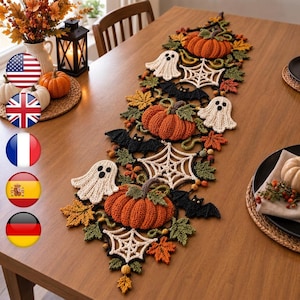 Mönster för virkad löpare till Halloween, dekoration med pumpa och spöke och spindelnät (PDF)