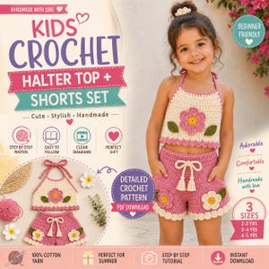 Può includere: Uno schema all'uncinetto per un set da bambino composto da top all'americana e pantaloncini. Il design presenta un top color crema con un fiore rosa e foglie verdi, abbinato a pantaloncini rosa decorati con motivi floreali e bordi smerlati.