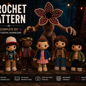 Puede incluir: Un patrón de ganchillo en descarga digital PDF que presenta cinco muñecos amigurumi y una figura de monstruo. Los muñecos tienen diversos peinados, ropa y accesorios, mientras que el monstruo tiene una cabeza grande con pétalos y dientes.