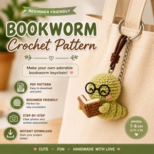 Patrón de ganchillo para principiantes amantes de la lectura / Llavero, gafas y libro de amigurumi (descarga en PDF)