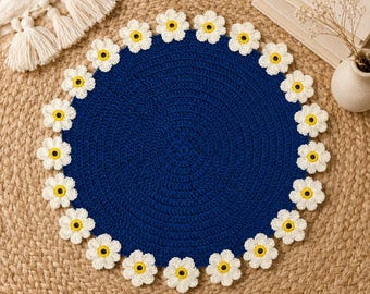 Midnight Daisy Crochet Table Mat Pattern, Round Floral Placemat (PDF Download)