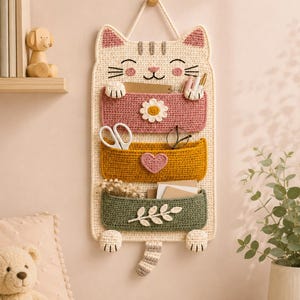 Puede incluir: Un organizador de pared de ganchillo color crema con forma de gato y tres bolsillos. El bolsillo superior es rosa con una margarita blanca, el central es amarillo mostaza con un corazón rosa y el inferior es verde salvia con una hoja blanca.