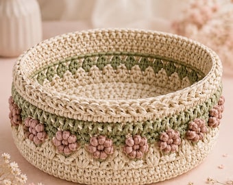 Crochet Storage Basket Pattern PDF, Textured Heirloom Basket with Rosette Garland and Braided Rim