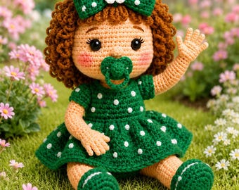 Crochet Baby Doll Pattern PDF, Sitting Amigurumi Girl, Green Bow Dress (Digital Download)
