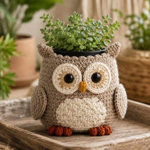 Peut inclure: Un cache-pot en crochet en forme de hibou marron clair avec un ventre crème, de grands yeux noirs, un petit bec jaune et des pattes marron foncé. Le hibou présente deux petites touffes d'oreilles et deux ailes, contenant un pot noir avec une plante.