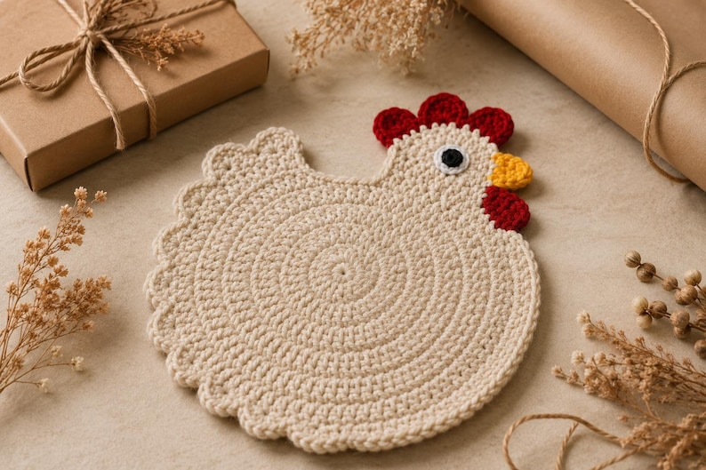 May include: A round, beige crochet coaster shaped like a chicken. The design features a scalloped edge, a red crochet comb and wattle, a yellow beak, and a black and white eye. The body is constructed with a circular stitch pattern in light tan yarn.