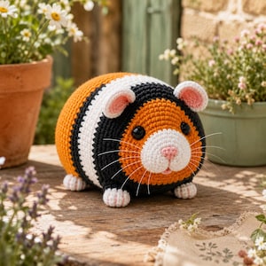 May include: A round, crocheted guinea pig plush toy featuring a tri-colour pattern of orange, white, and black yarn. The stuffed animal has two black plastic eyes, a small pink nose, and long white whiskers extending from its white muzzle.