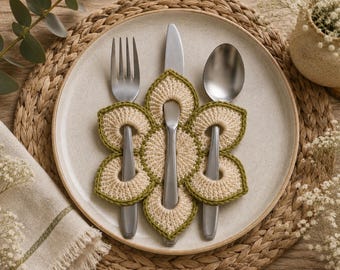 Sage Bloom Crochet Cutlery Holder Pattern, Floral Silverware Pocket (PDF Download)