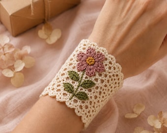 Crochet Lace Cuff Bracelet Pattern, Floral Wrist Cuff, Blooming Garden (PDF Download)