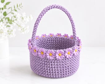Lavender Floral Crochet Basket Pattern, Daisy Carry Basket, Chunky Yarn Storage (PDF)