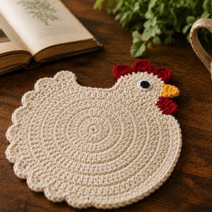 May include: A round, cream-colored crochet coaster shaped like a chicken. The body features a spiral stitch pattern with a scalloped edge. The head has a red comb, a yellow beak, a red wattle, and a black and white eye detail.