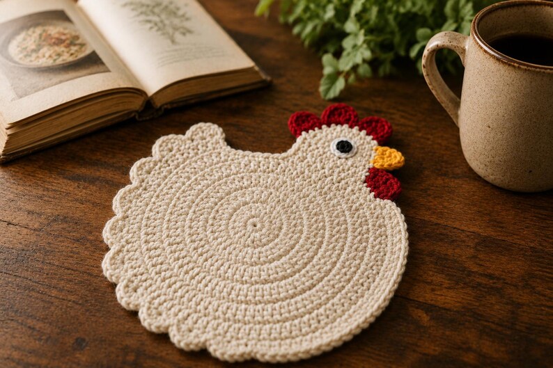 May include: A round, cream-colored crochet coaster shaped like a chicken. The body features a spiral stitch pattern with a scalloped edge. The head has a red comb, a yellow beak, a red wattle, and a black and white eye detail.