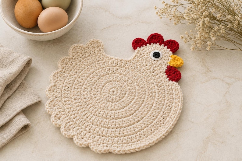 May include: A cream-colored crochet chicken-shaped trivet featuring a circular body, a red comb and wattle, a yellow beak, and a black and white eye. The piece is crafted with a textured stitch pattern and scalloped edges along the tail and body.