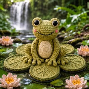 May include: A crocheted olive green frog plush toy with large black eyes, pink cheeks, and a cream-colored belly, sitting on a cluster of crocheted green lily pads surrounded by several small, light pink crocheted water lily flowers.