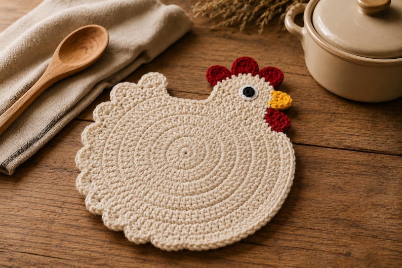 May include: A cream-colored crochet trivet shaped like a chicken, featuring a circular body with scalloped edges, a red comb, a yellow beak, and a small black eye. The piece is crafted with a dense, textured stitch pattern, creating a flat, round silhouette that mimics the appearance of a hen in profile.