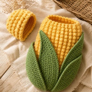Puede incluir: Un capullo de ganchillo amarillo para bebé con forma de mazorca de maíz con un patrón de granos texturizado y tres hojas verdes de ganchillo unidas a la base, acompañado de un gorro de ganchillo amarillo a juego con un diseño similar.