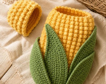 Corn Cob Baby Cocoon Crochet Pattern with Matching Bonnet | Newborn Photo Prop Digital Download