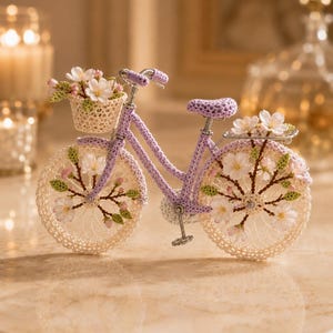 Puede incluir: Una figura decorativa de bicicleta hecha con hilo color lavanda, con una cesta delantera y un portaequipajes trasero llenos de flores de cerezo blancas y rosas. Las ruedas tienen radios de ganchillo y detalles florales en color crema.