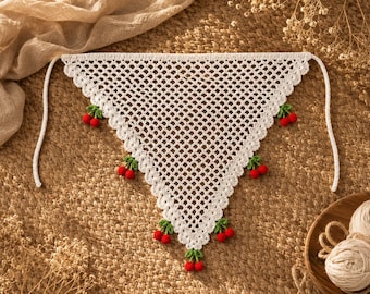 Cherry Crochet Bandana Pattern, Ivory Triangle Headscarf PDF, Mesh Hair Scarf with Shell Edging