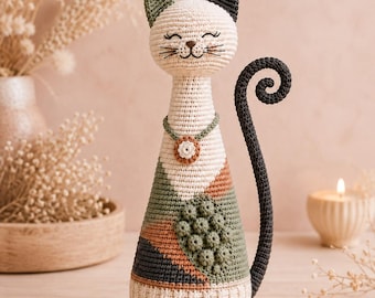 Textured Crochet Cat Sculpture Pattern, Amigurumi Feline Decor PDF