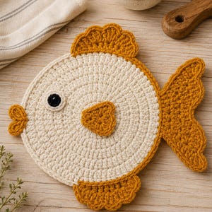 May include: A round, cream-colored crochet coaster shaped like a fish with mustard yellow accents. The fish features a scalloped dorsal fin, a tail, a small mouth, and a bottom fin in mustard yellow, along with a single black and white eye.