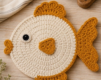 Crochet Fish Hot Pad Pattern, Round Trivet PDF, Cotton Potholder, Kitchen Decor Digital Download