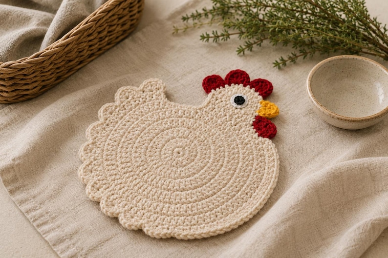 May include: A round, cream-colored crochet coaster shaped like a chicken. The body features a circular stitch pattern with a scalloped edge. It has a red crochet comb and wattle, a yellow beak, and a black and white eye detail on the head.