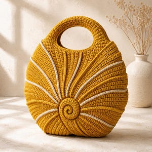 May include: A round, mustard yellow crochet handbag featuring a spiral center design with radiating cream-colored lines. The bag has a circular cutout handle at the top and a textured, shell-like appearance created by dense, uniform stitching throughout.