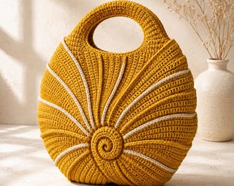 Spiral Crochet Bag Pattern, Sculptural Ribbed Handbag PDF, Integrated Oval Handle Statement Purse