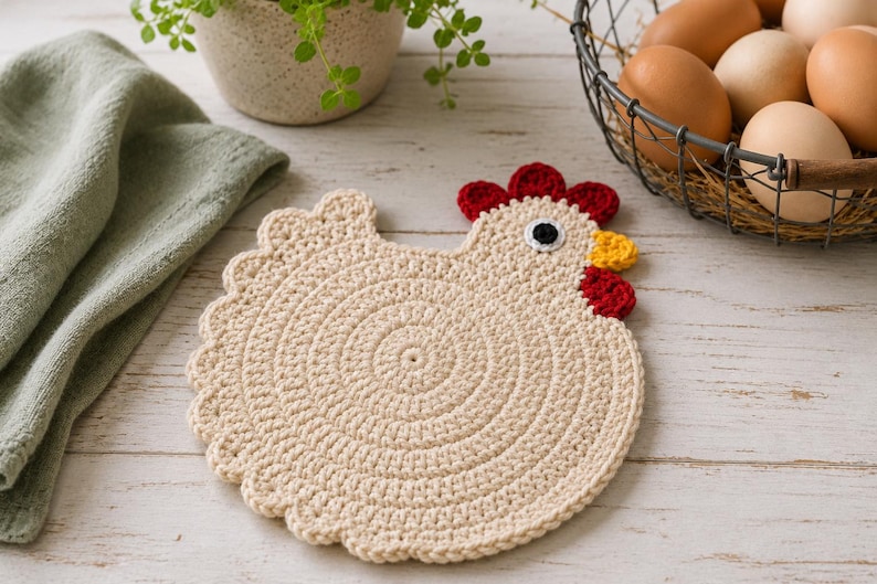 May include: A beige crochet trivet shaped like a chicken with a circular body, a scalloped edge, and a head featuring a red comb, a yellow beak, and a black and white eye. The crochet work is constructed in a spiral pattern using light yarn.