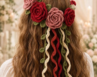 Crochet Rose Hair Garland Pattern, Floral Headpiece with Cascading Leaf Vines, PDF Download