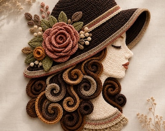 Cocoa Rose Crochet Wall Art Pattern, Woman Silhouette Portrait, Floral Boho Decor PDF