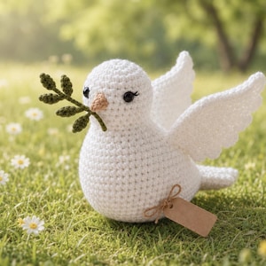 White Peace Dove Crochet Pattern with Olive Branch, Raised-Wing Amigurumi Digital Download